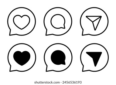 Like, comment, and share icon on speech bubble line. Social media elements