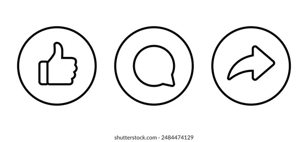 Icono de Me gusta, comentar y compartir en la línea del círculo. Concepto de reacción de medios sociales