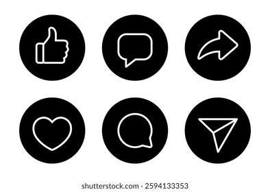 Like, comment, and share icon on black circle. Love, speech bubble, and repost arrow outline sign symbol