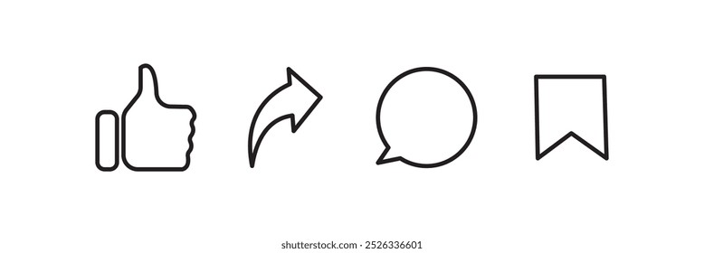 Haz clic en Me gusta, comenta y comparte un conjunto de iconos. Concepto de reacción de post de medios sociales