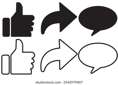 Like, comment, and share icon set. Social media post reaction concept