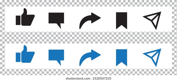 Guardar Me gusta, comentar, compartir, amar y no me gusta el Botón de iconos. Ilustración vectorial.