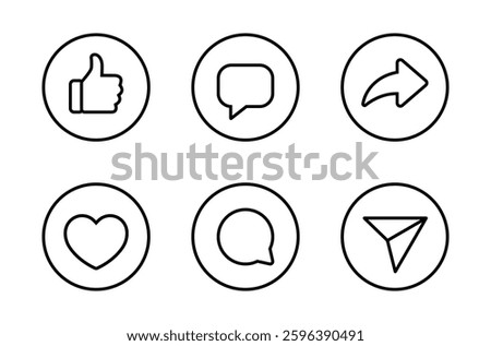 Like, comment, and share outline icon on circle line. Love, speech bubble, and arrow sign symbol