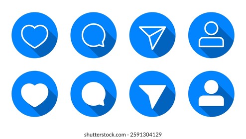 Like, comment, share, and profile icon with long shadow. Social media communication