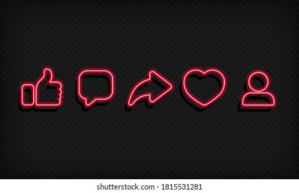 Like, Comment, Share, Repost, Follower Sign. Social Network Concept. Icon Neon Button. Vector On Isolated Black Background. EPS 10