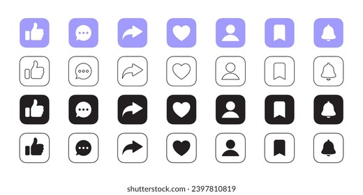Como, comentar, compartir, republicar. La interfaz de medios sociales muestra un estilo plano y lineal. Gráficos escalables para vectores