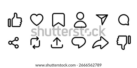 Like, comment, share, save, follower, love heart  icons Social Media react icons.