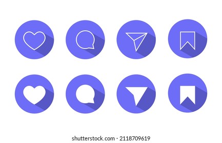 Como, Comentario, Compartir y Guardar vector de iconos. Conjunto de iconos de los medios sociales