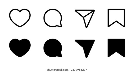 Like, comment, share, and save icon vector of social media. Love, speech bubble, paper plane, favorite sign symbol