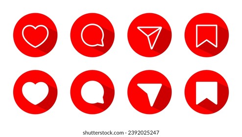 Like, comment, share, and save icon vector in flat style. Social media elements