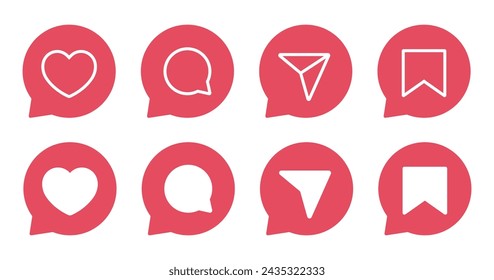 Like, comment, share, and save icon on speech bubble. Social media ui elements