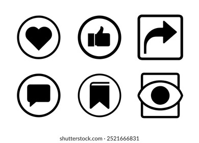Como o compartilhamento de comentários e o contorno do ícone para salvar. conjunto de ícones gerais da interface do usuário das redes sociais. Ilustração editável do vetor de traçado
