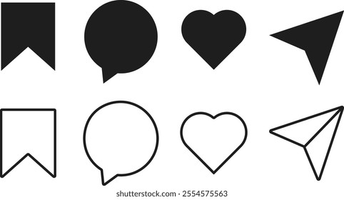 Like, comment, share, save icon set. media like, chat, send and save symbols. social media generic reaction sign
