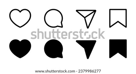 Like, comment, share, and save icon vector of social media. Love, speech bubble, paper plane, favorite sign symbol