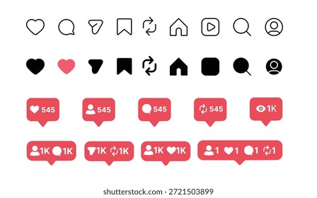  Me gusta, Comentar, Compartir Guardar, ~, Perfil y notificaciones de iconos, Kit de interfaz de usuario de redes sociales.
