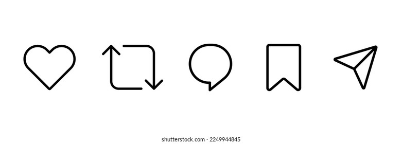 Como el recurso compartido de comentarios guardar conjunto de iconos vectoriales. Símbolo de navegación del sitio. Signo lineal en redes sociales