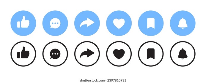 Como, comentar, compartir signos. Botones de notificación social. Gráficos escalables para vectores
