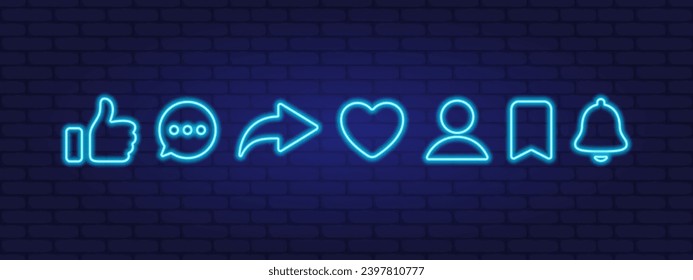 Like, comment, share. Social media interface icons neon style. Vector scalable graphics