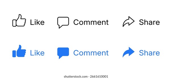 Me gusta, Comentar, Compartir de íconos de redes sociales. Da me gusta al Botón, pulgar hacia arriba, comenta, republica y comparte Botones de íconos. Ilustración vectorial