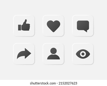 Like, Comment, and Share social network buttons. Social media icons in neumorphism style. Vector EPS 10