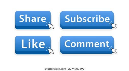 Like, Comment, Share and Subscribe. Button Icon Set for Channel Subscription. The mouse cursor that clicks on the button. Web button for social networks and websites. Vector illustration