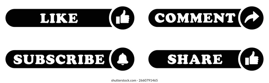 Ícone do botão de inscrição, comentar, compartilhar e definir coleção em fundo branco. Mídias sociais como compartilhamento de comentários, conjunto de vetores de botão de assinatura para design de interface do usuário e elementos da Web