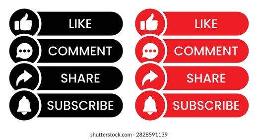 Me gusta, Comentario, Compartir, Suscribirse y Vector de Botón conjunto de iconos. Colección de íconos de eventos que indican Me gusta, Comentario, Compartir y Botón del Suscribirse. Ilustración vectorial.