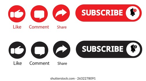 Botões Curtir, Comentar, Compartilhar e Inscrever com ilustração de vetor de ícone