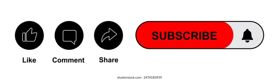 Como, Comentario, Compartir y Suscribirse Ilustración vectorial de iconos. Conjunto de iconos de Botón Suscribirse campana, como, comentario, compartir signo para el canal, blog, redes sociales. Icono de Suscribirse aislado sobre fondo blanco.