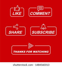 Like, comment, share, subscribe, and thanks for watching icon button illustration.