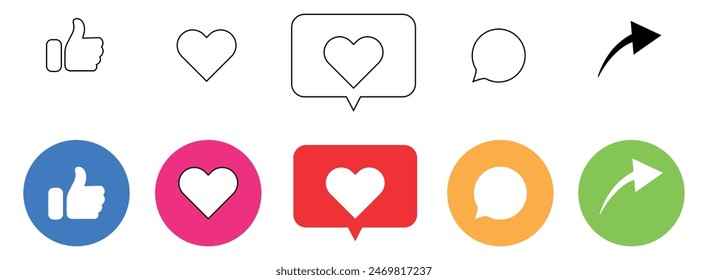 Like, comment, share vector icon set. Social media notification icons. Thumbs up, love heart symbol.