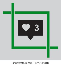 Like and comment sign. Black icon inside green crop tool at light gray background