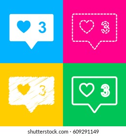 Like and comment sign. Four styles of icon on four color squares.