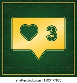 Like and comment sign. Golden icon with gold contour at dark green gridded white background. Illustration.