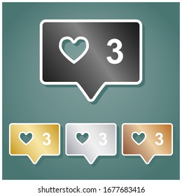 Like and comment sign. Set of metallic Icons with gray, gold, silver and bronze gradient with white contour and shadow at viridan background. Illustration.