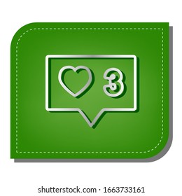 Like and comment sign. Silver gradient line icon with dark green shadow at ecological patched green leaf. Illustration.