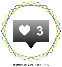 Like and comment sign. Vector. Black icon with patch of light inside colorful hexagonal frames at white background.