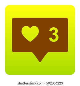 Like and comment sign. Vector. Brown icon at green-yellow gradient square with rounded corners on white background. Isolated.