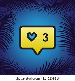 Like and comment sign. Vector. Golden icon with black contour at blue background with branches of palm trees.
