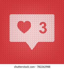 Like and comment sign. Vector. Knitted white icon on a red knitted background.