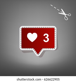 Like and comment sign. Vector. Red icon with for applique from paper with shadow on gray background with scissors.