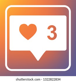 Like and comment sign. Vector. White icon on transparent button at orange-violet gradient background.