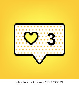 Like and comment sign. Vector. Yellow polka dot white icon with black contour at warm yellow background.
