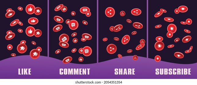 Like, comment, subscribe and share buttons or coins falling from above png vector. Can be used to promote video channel or other marketing posts for business or podcasts. Unique design sticker icons.
