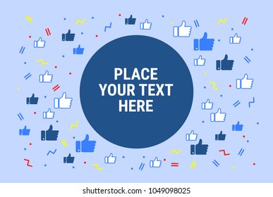Like concept background - abstract social media network vector illustration with flying thumbs up - flat style poster, memphis style trend