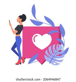 Like concept. Girl with smartphone on web. Modern young people online. Vector illustration flat design. Isolated on white background. Internet blog. Social media. Many positive feedback. 