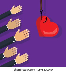 like concept - hands reaching out to get heart on the hook.Conceptual vector illustration in flat style design.Isolated on background.