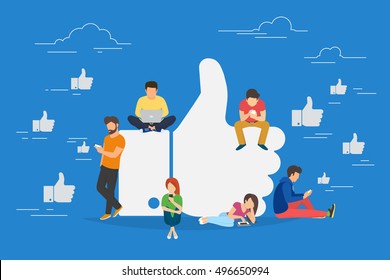 I like it concept illustration of young people using mobile gadgets such as laptop, tablet pc and smartphone for social networking and blogging. Flat design of guys and women near big symbol