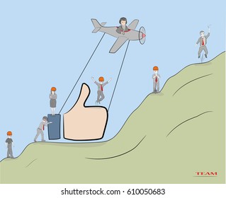 I like it concept. Sketch of working little people with like symbol. Doodle cute miniature of teamwork and hand thumb up. Hand drawn cartoon vector illustration.