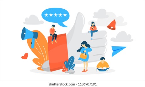 Like concept. Small people sitting on the huge thumbs up. Social network and online communication. Sign of appreciation. Flat vector illustration